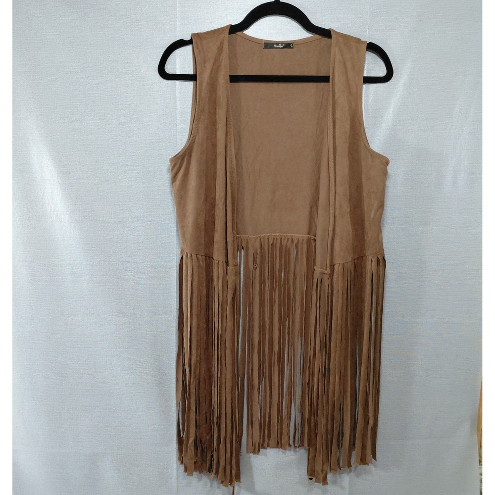 Papaya Faux Suede Fringe Long Vest Women's LG Brown Western Cowgirl Open Front